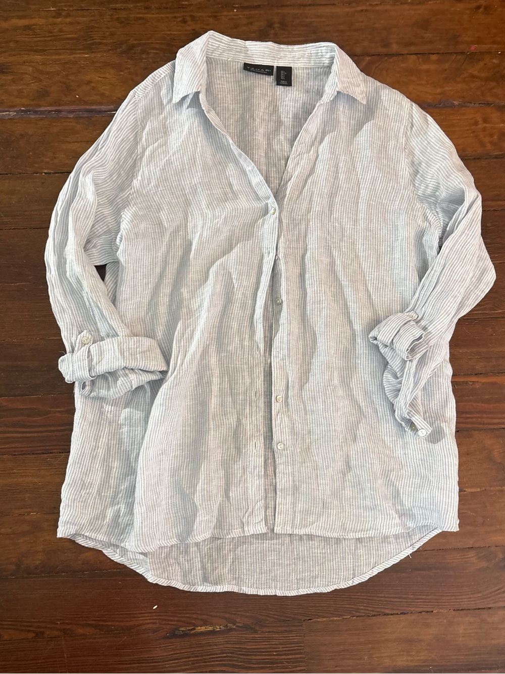 Tahari gray white striped 100% linen button down shirt top size L